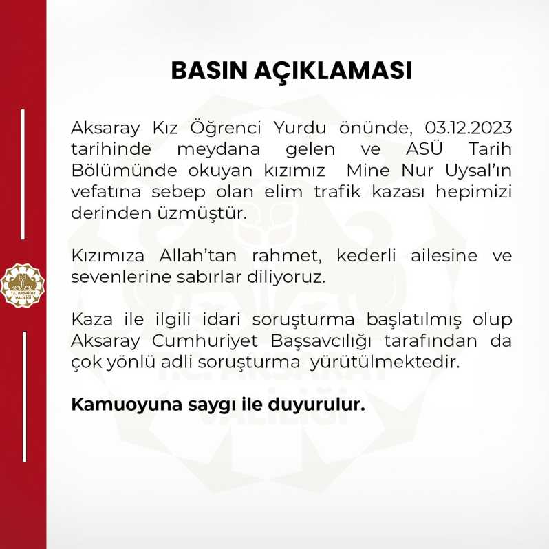 Aksaray Valiliği öğrencinin öldüğü kazayla ilgili açıklama yaptı #1